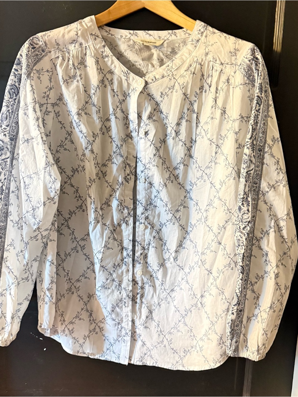 Lucky Brand White Button-Front Blouse with Blue Floral Print